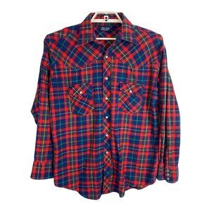 Lariat Mens Shirt Size Button Down Large Red Plaid Pearl Snaps Flannel Western